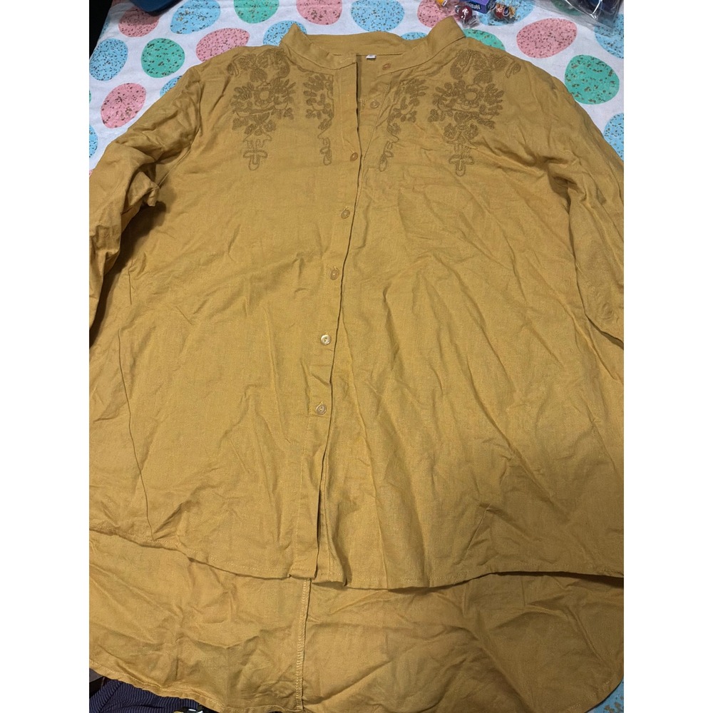 Mustard Yellow Embroidered High Low Button Up Blouse Top XL Boho Long Sleeve